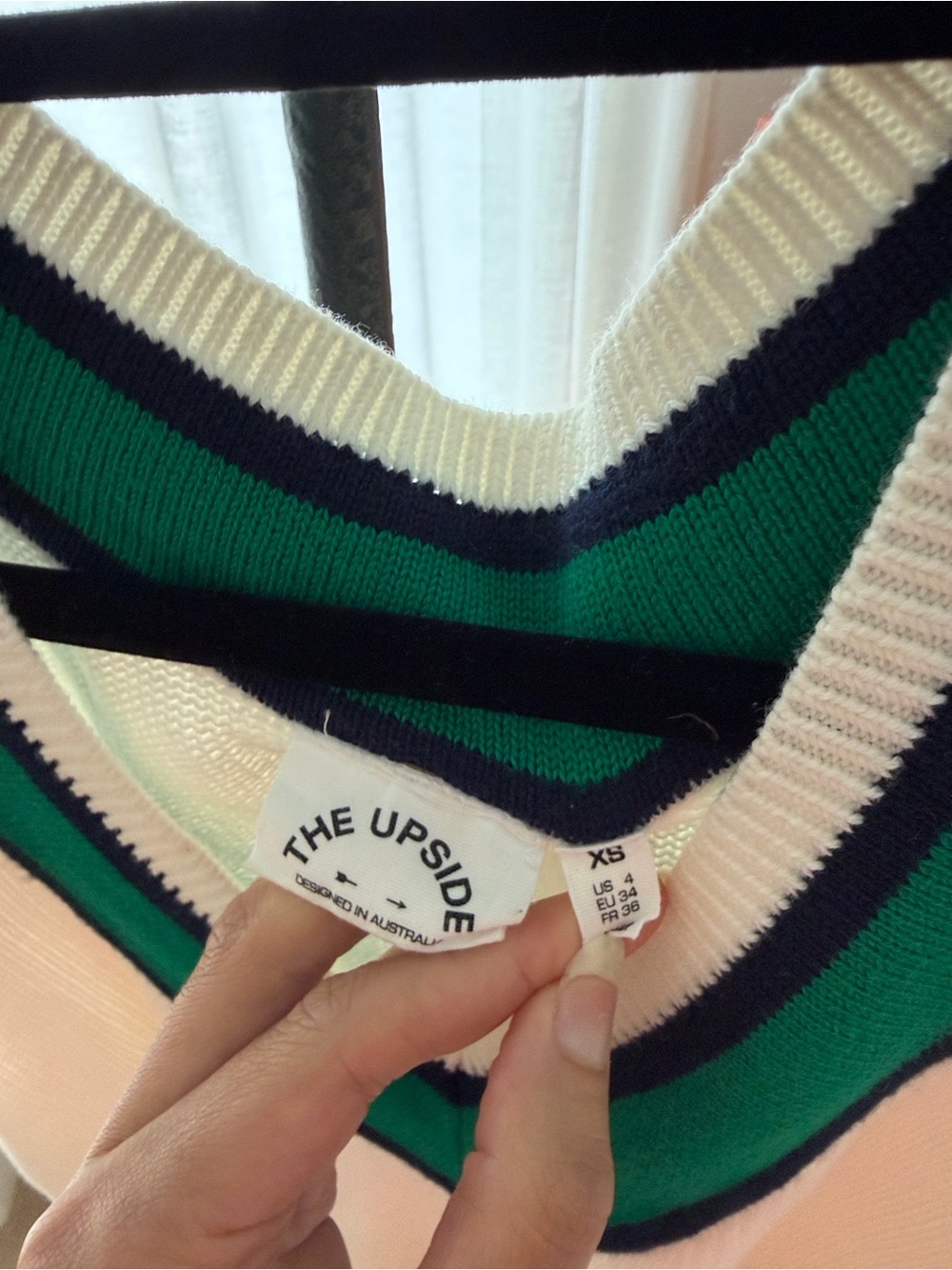 The Upside Green, Cream & Navy V-Neck Striped Sweater